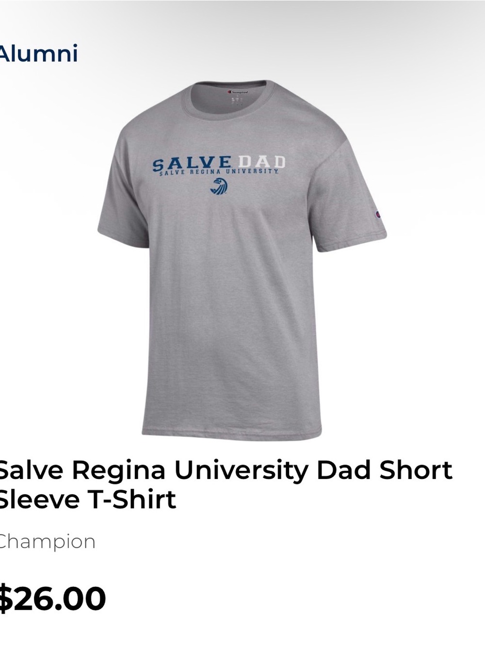 NWTChampion Salve Regina Dad Short Sleeve T-Shirt - Gray with Navy Logo Mens 3XL